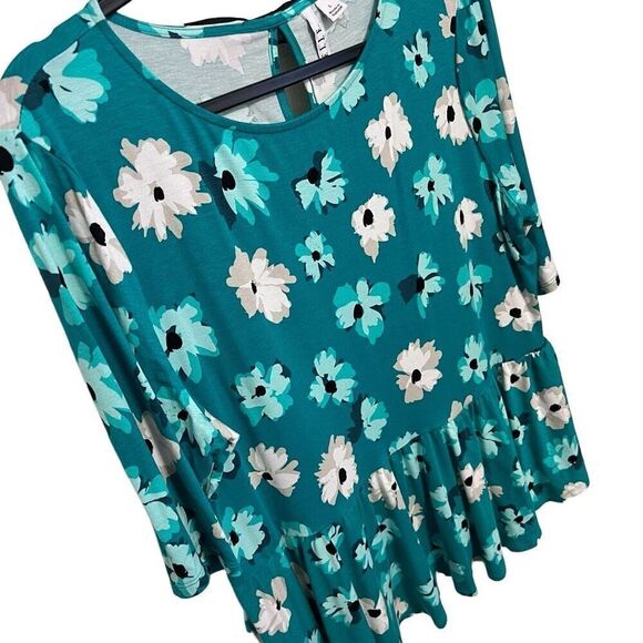 Cute summer top elbow sleeve emerald green floral peplum waist bow knot sz large - Picture 2 of 11
